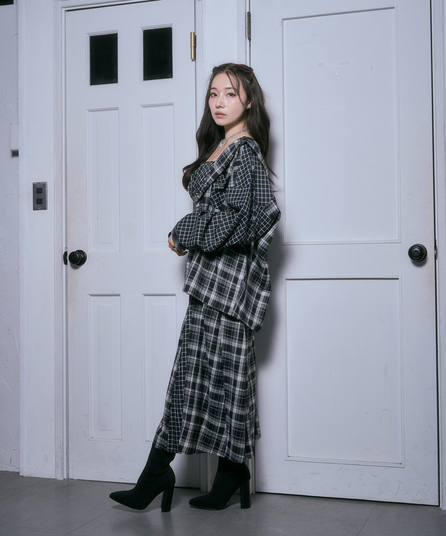 ドッキングチェックフーディシャツ