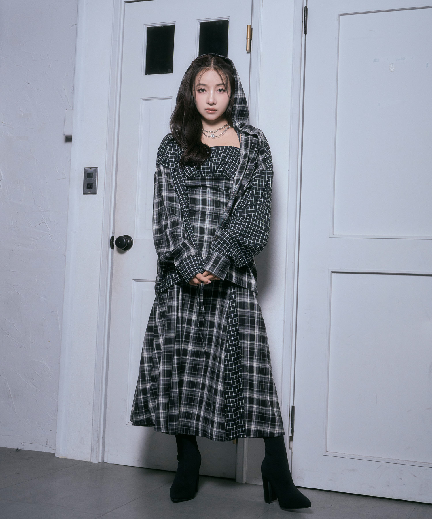 ドッキングチェックフーディシャツ