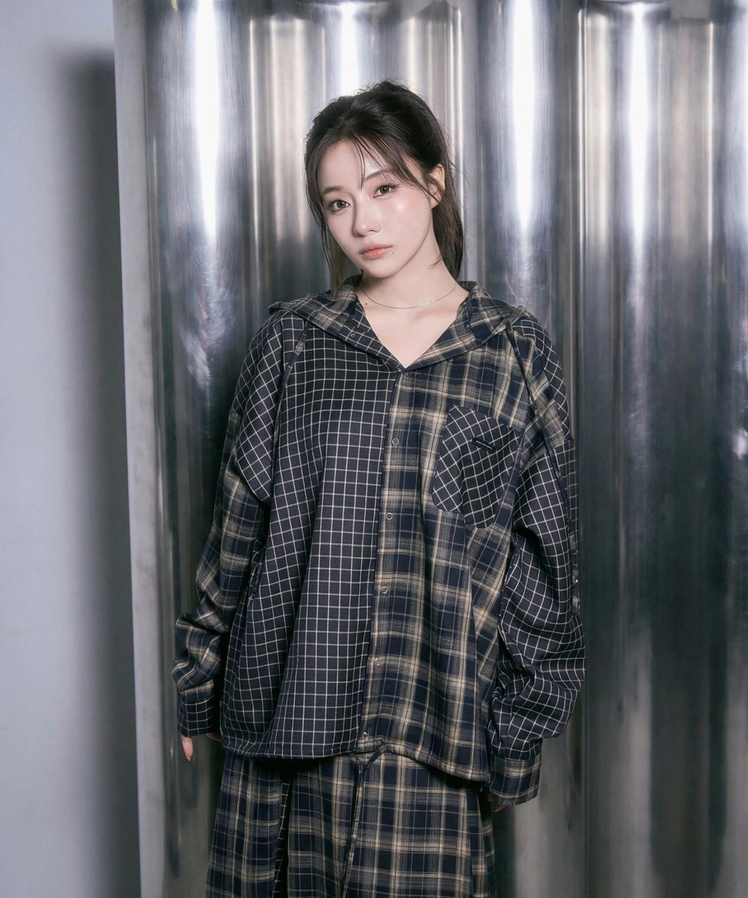 ドッキングチェックフーディシャツ