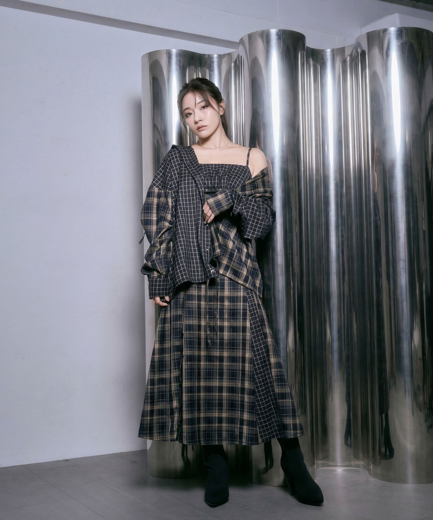 ドッキングチェックフーディシャツ