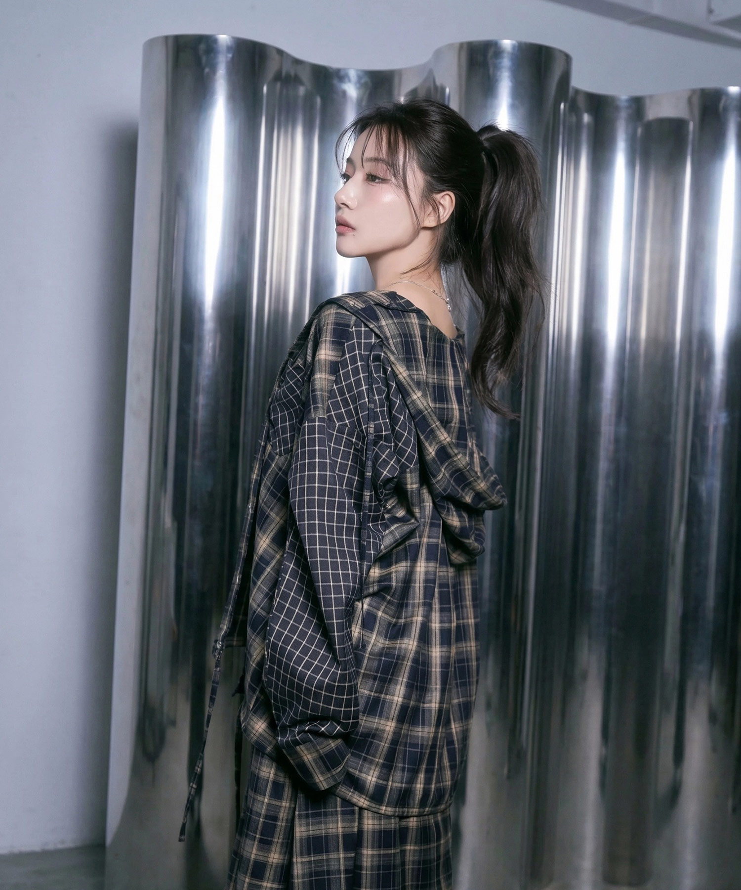 ドッキングチェックフーディシャツ