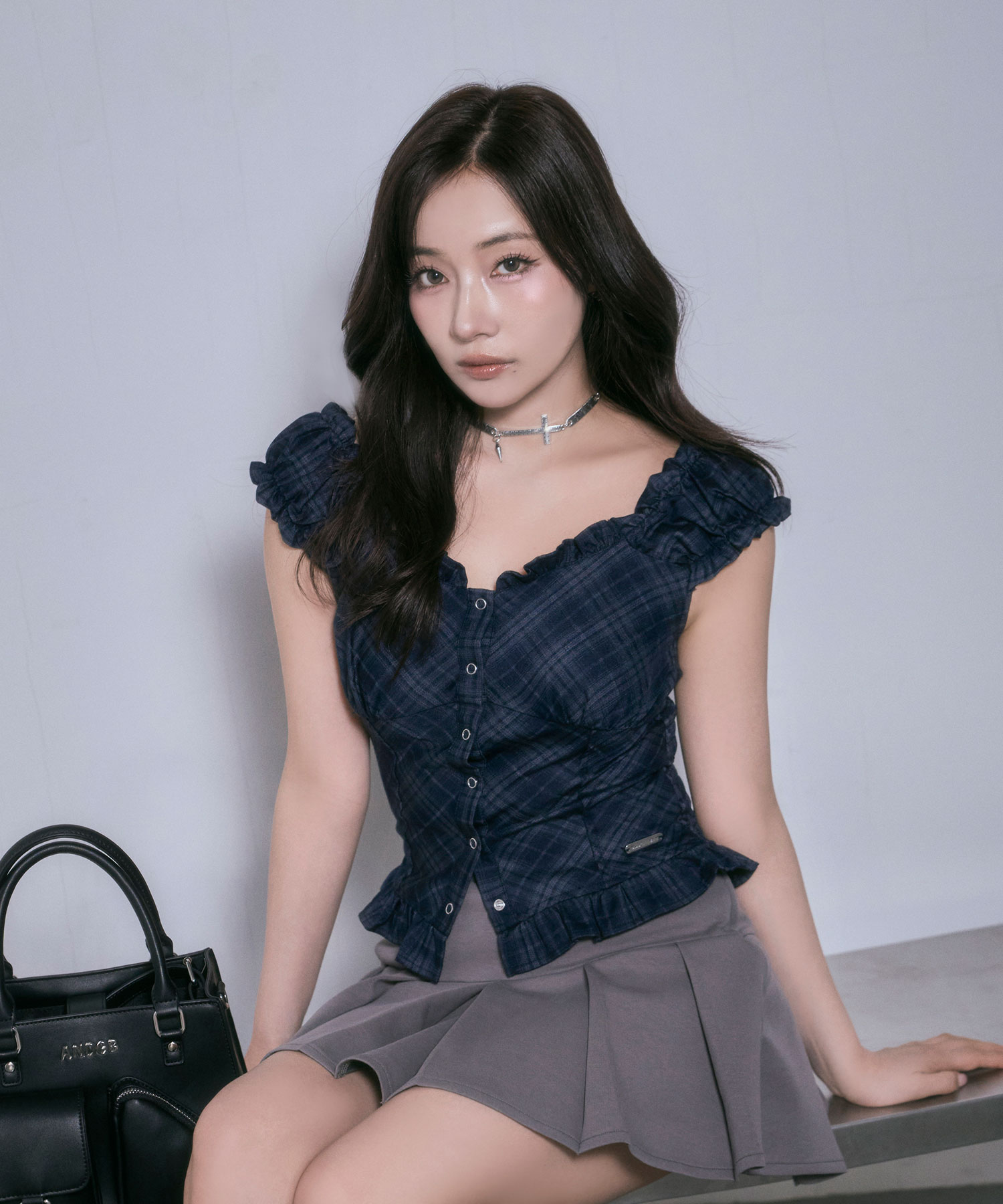 チェックフリルトップス