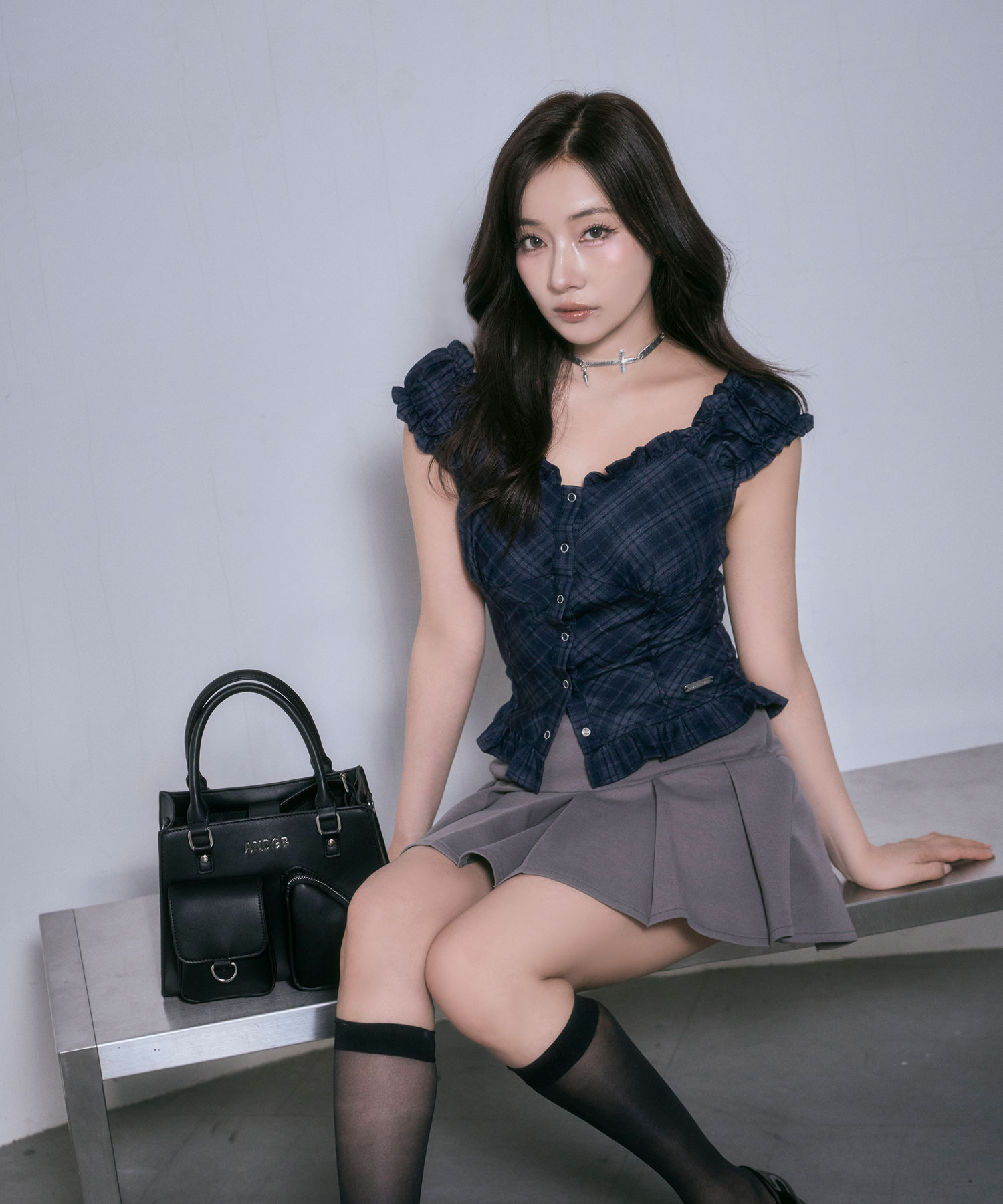 チェックフリルトップス