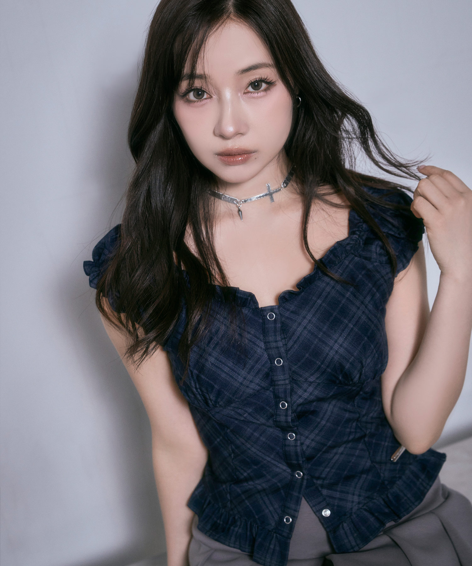 チェックフリルトップス