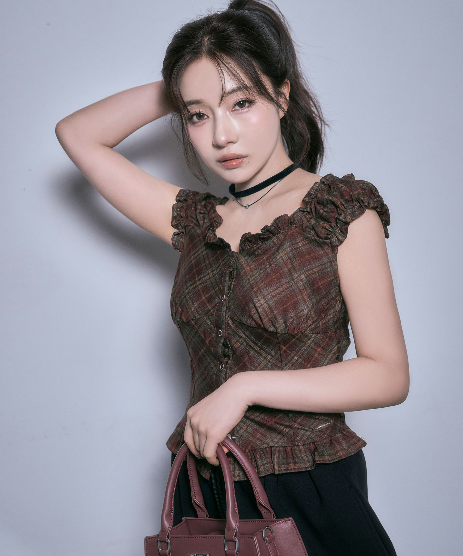 チェックフリルトップス