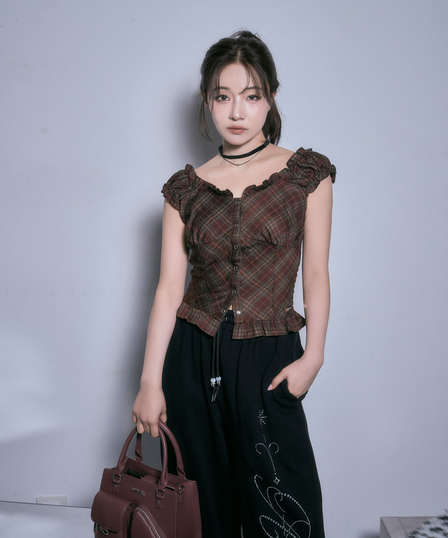 チェックフリルトップス