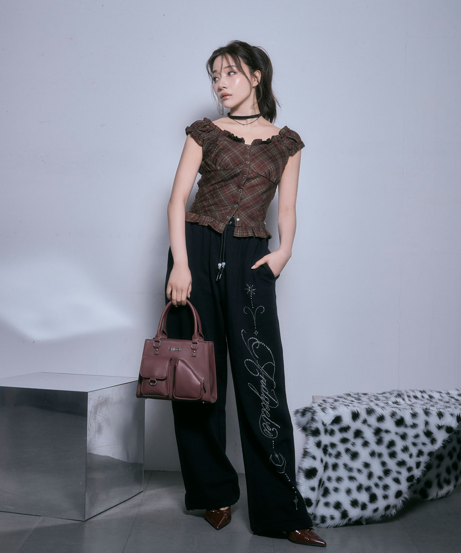 チェックフリルトップス