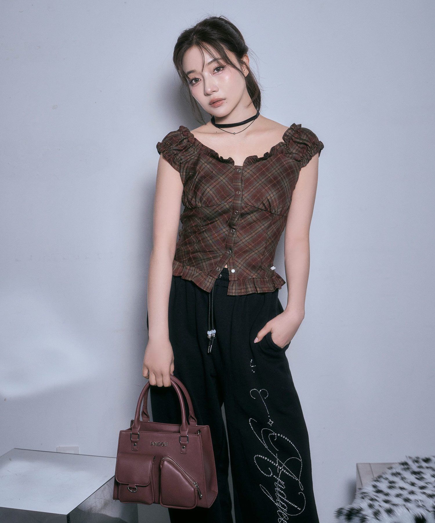 チェックフリルトップス