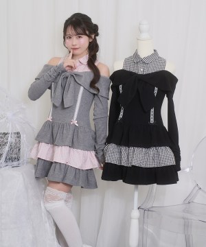 オフショルリボンドッキングワンピース