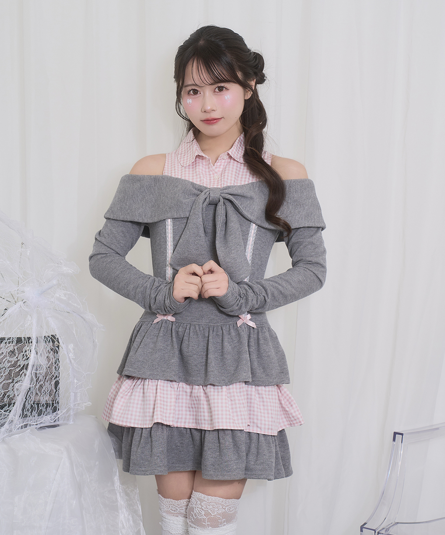 オフショルリボンドッキングワンピース