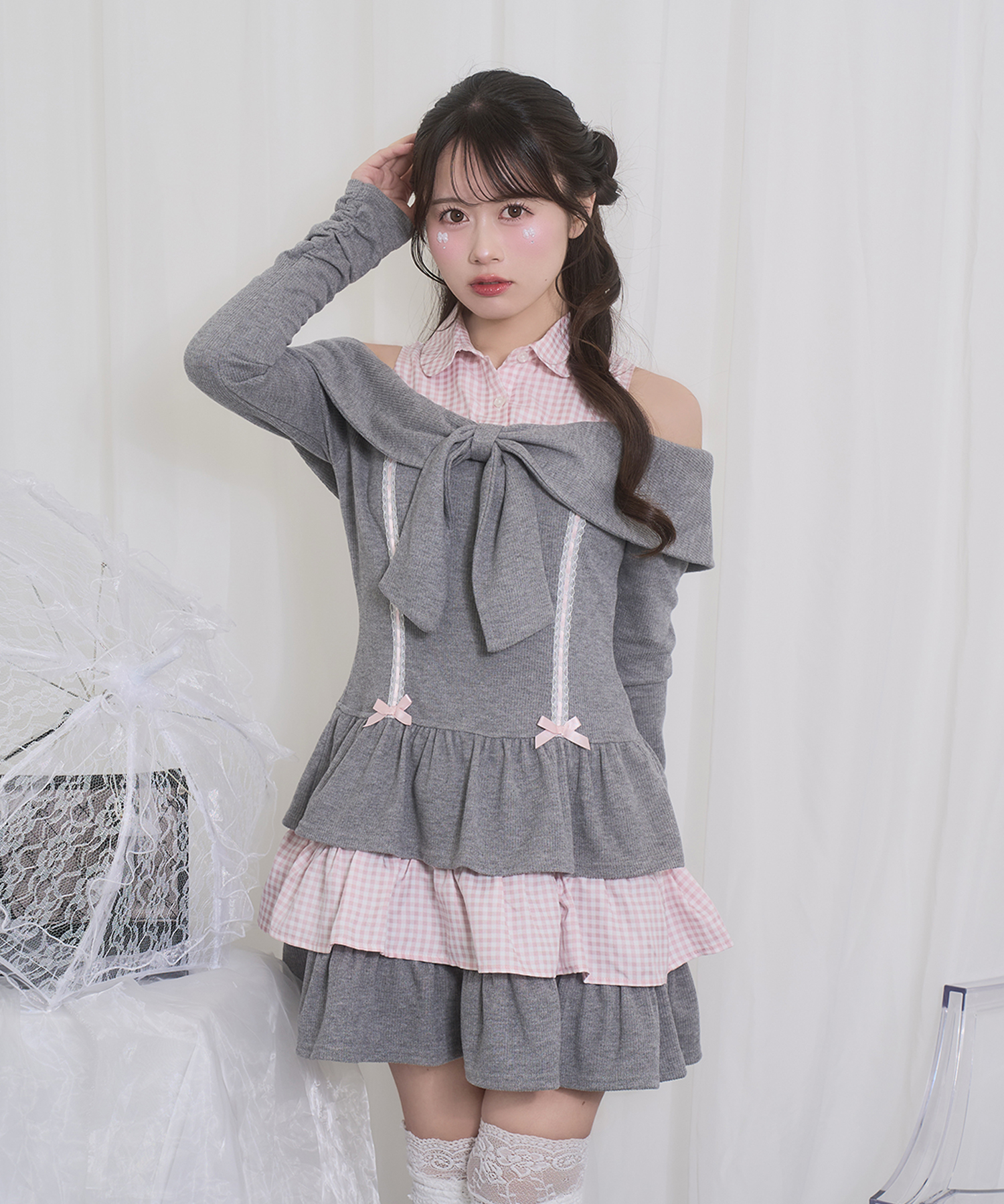 オフショルリボンドッキングワンピース