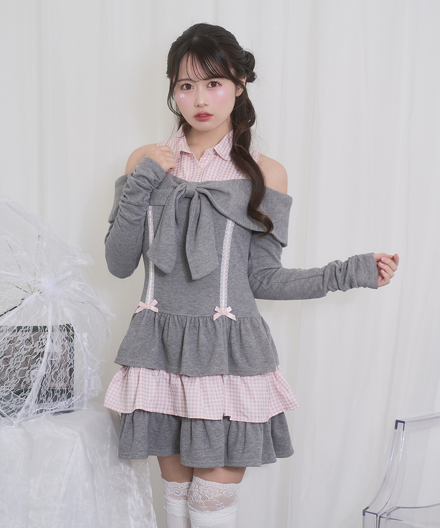 オフショルリボンドッキングワンピース