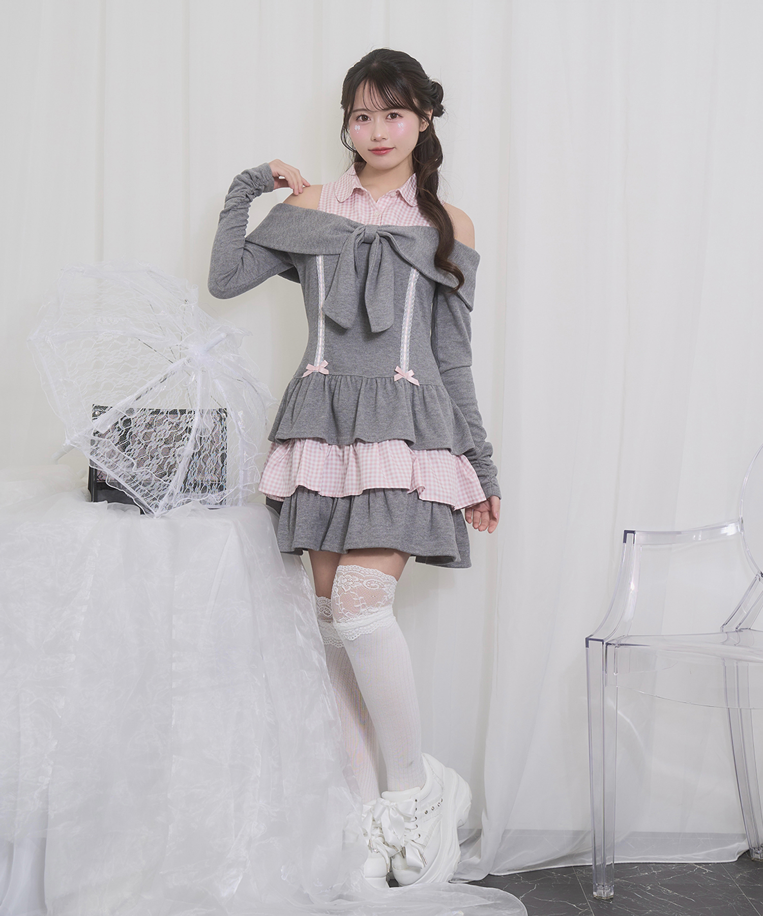 オフショルリボンドッキングワンピース