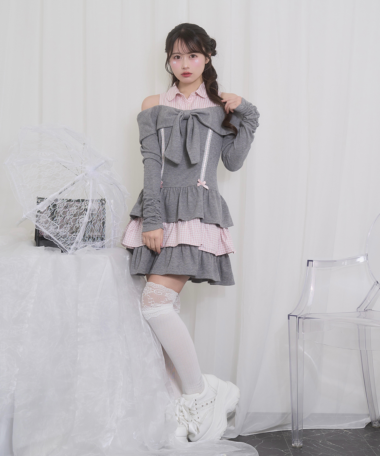 オフショルリボンドッキングワンピース