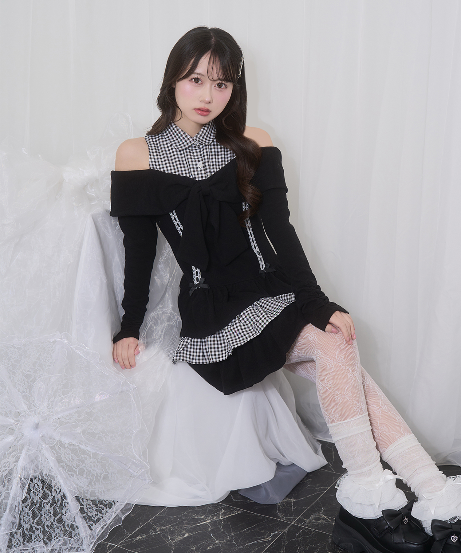 オフショルリボンドッキングワンピース