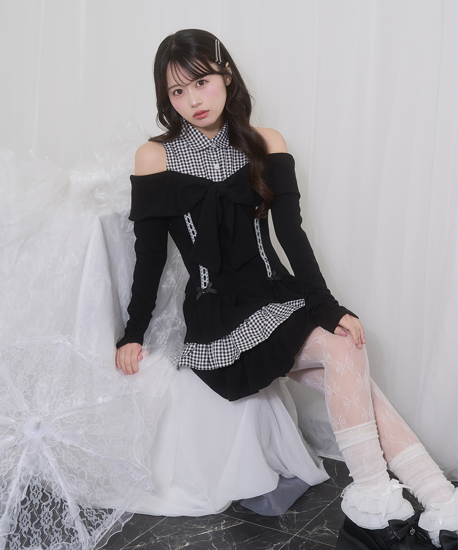 オフショルリボンドッキングワンピース