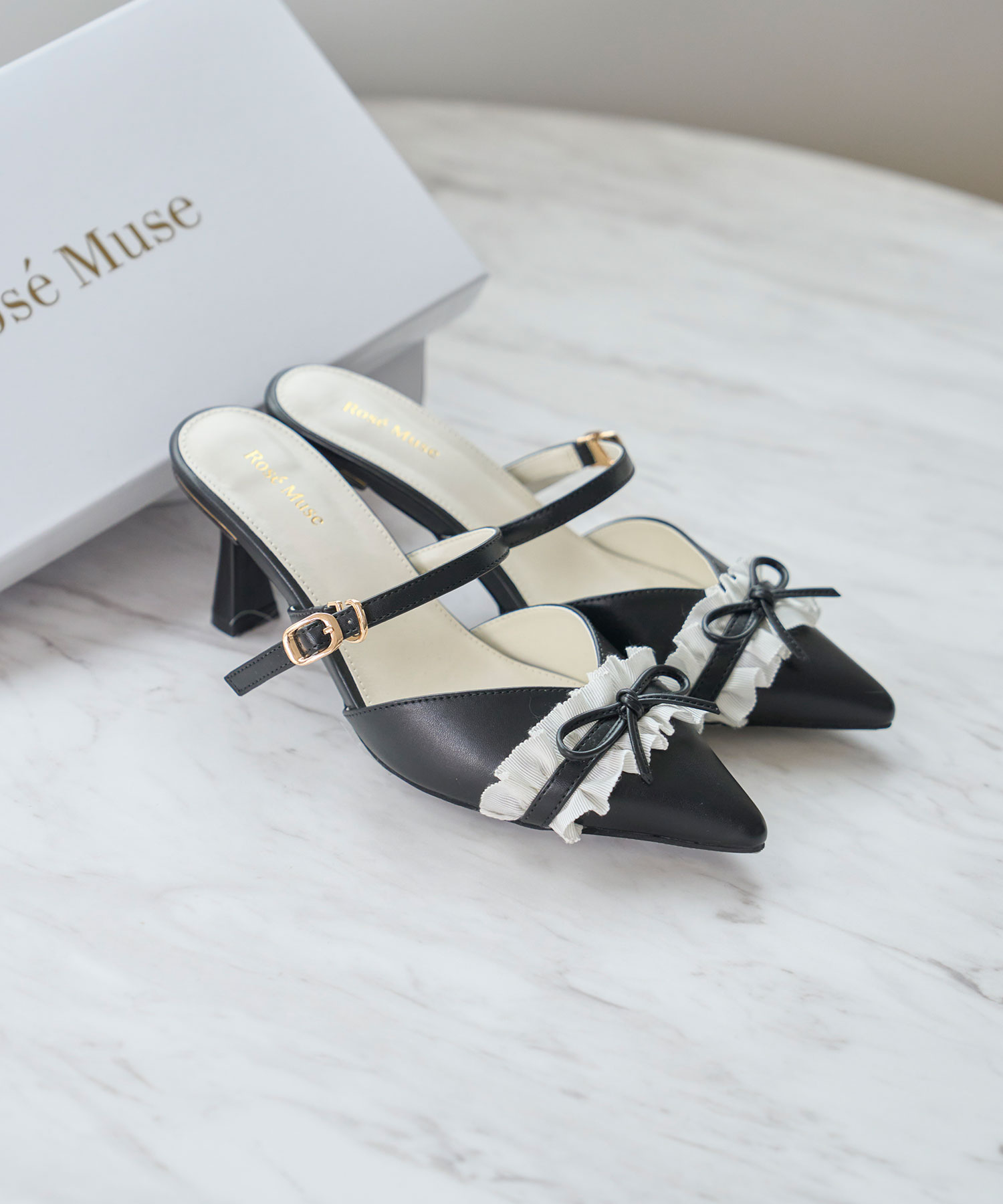 Bicolor frill ribbon mules