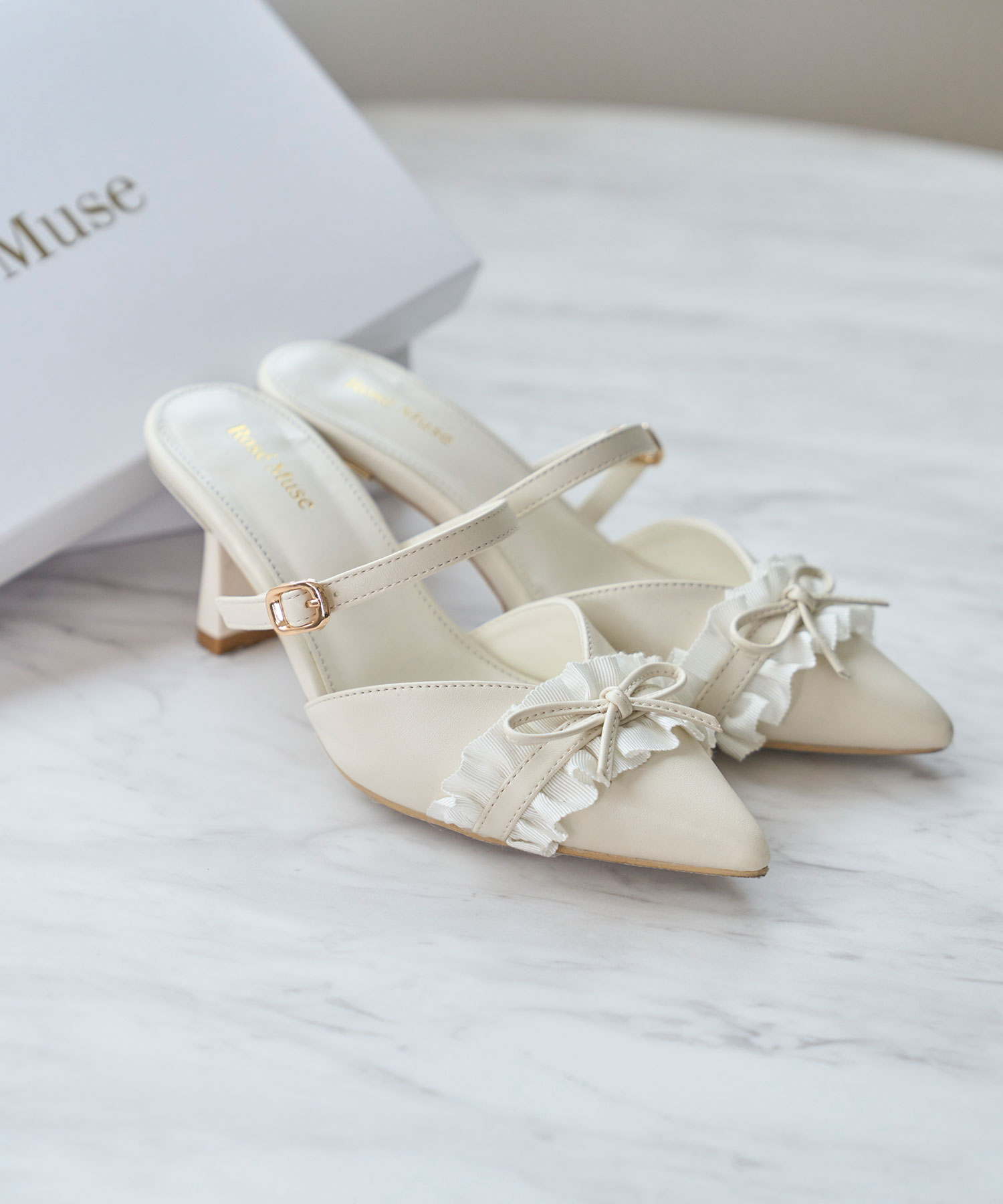 Bicolor frill ribbon mules
