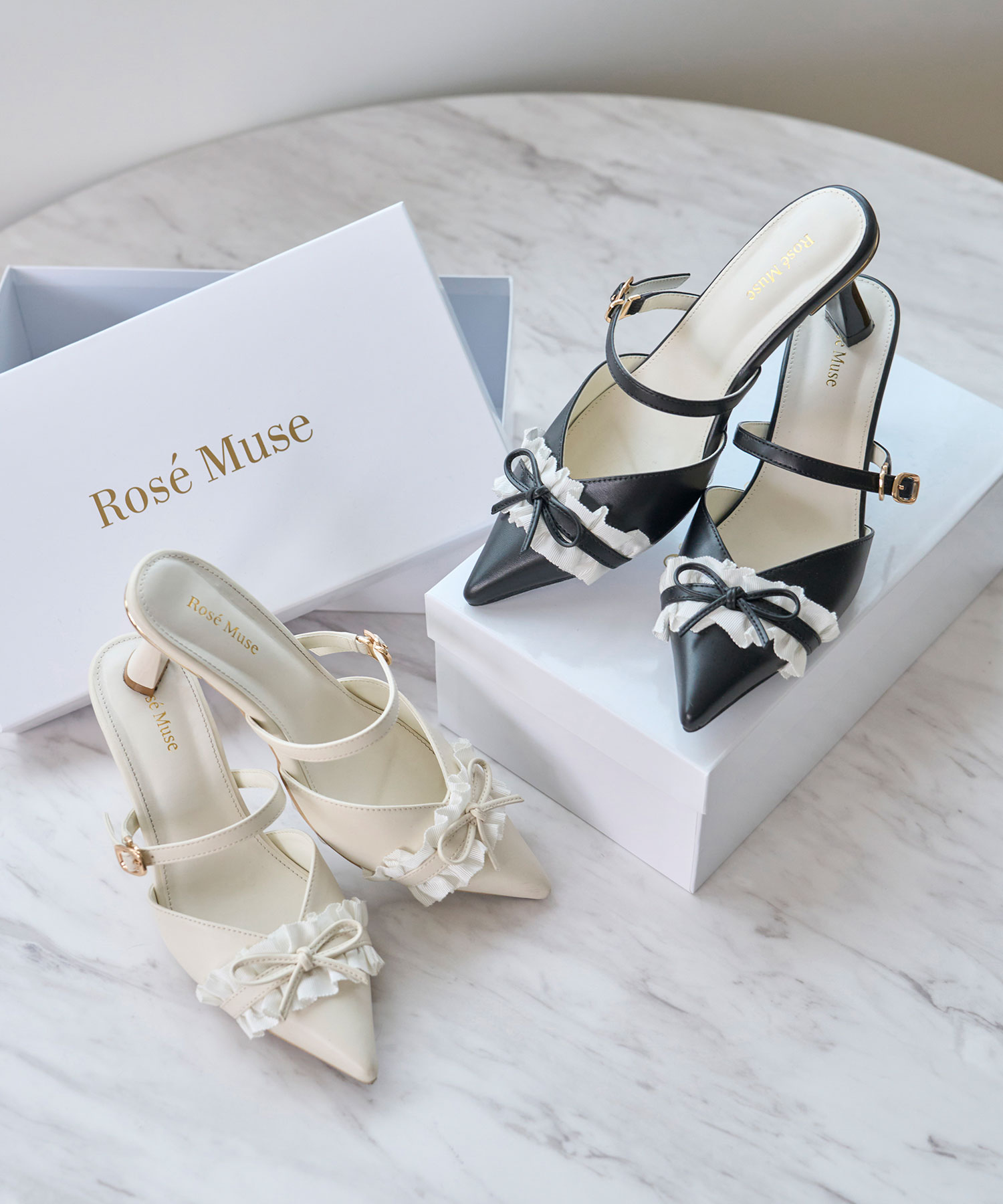 Bicolor frill ribbon mules
