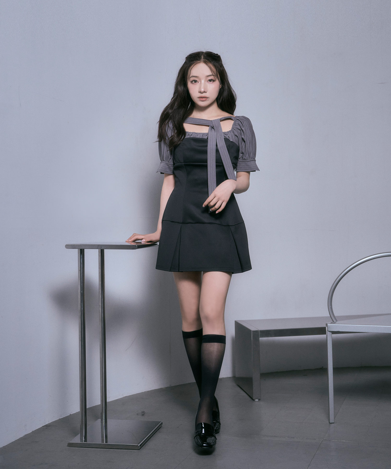 ブラウスレイヤードカットミニワンピ