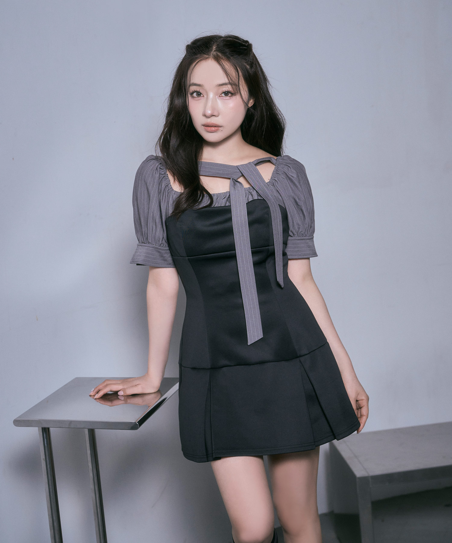 ブラウスレイヤードカットミニワンピ