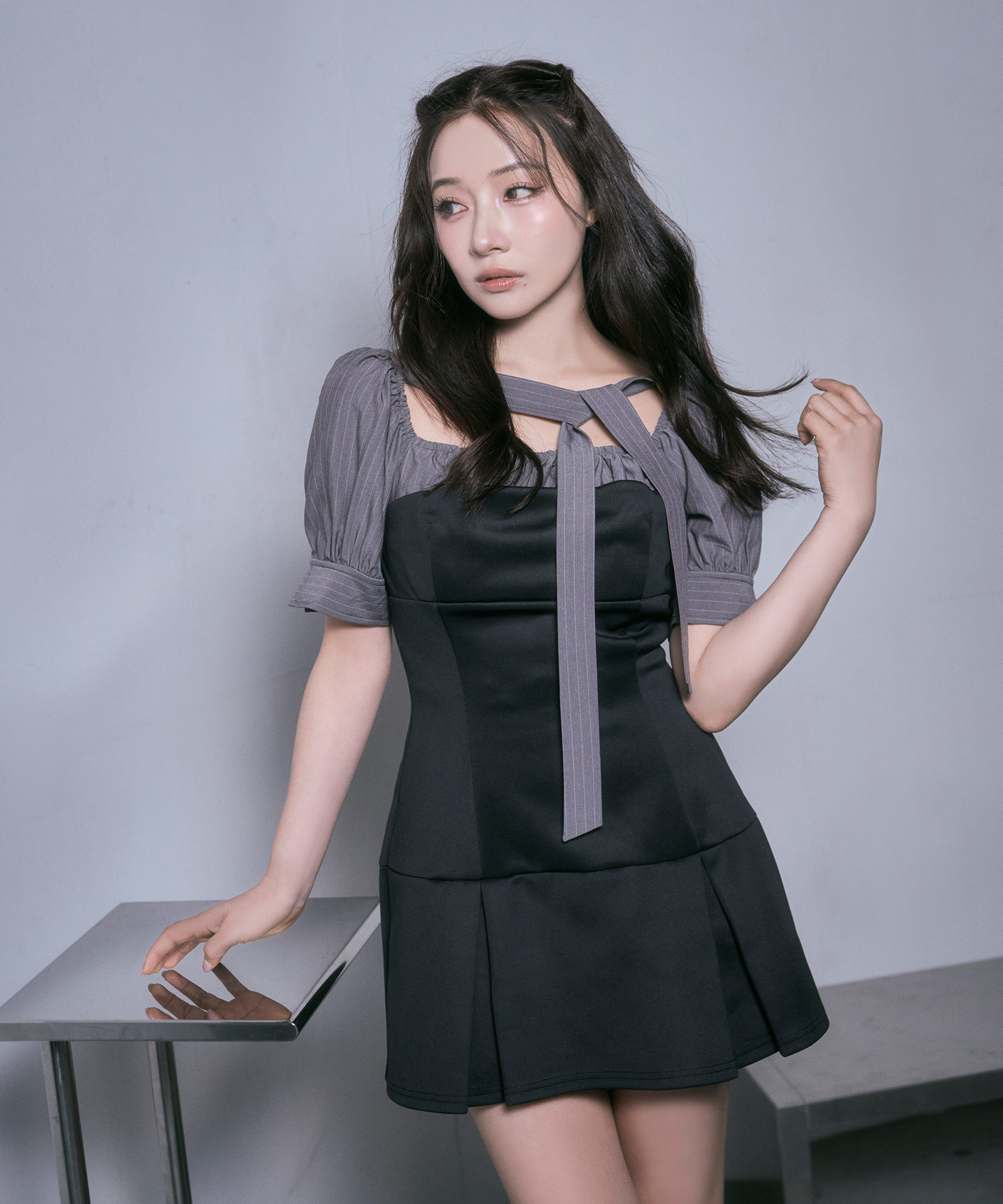 ブラウスレイヤードカットミニワンピ