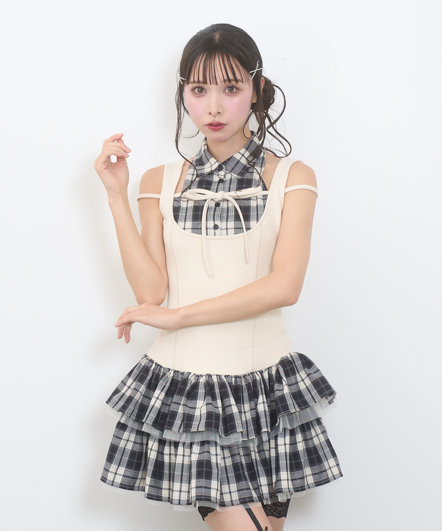 ドッキングチェックワンピース / アイボリー