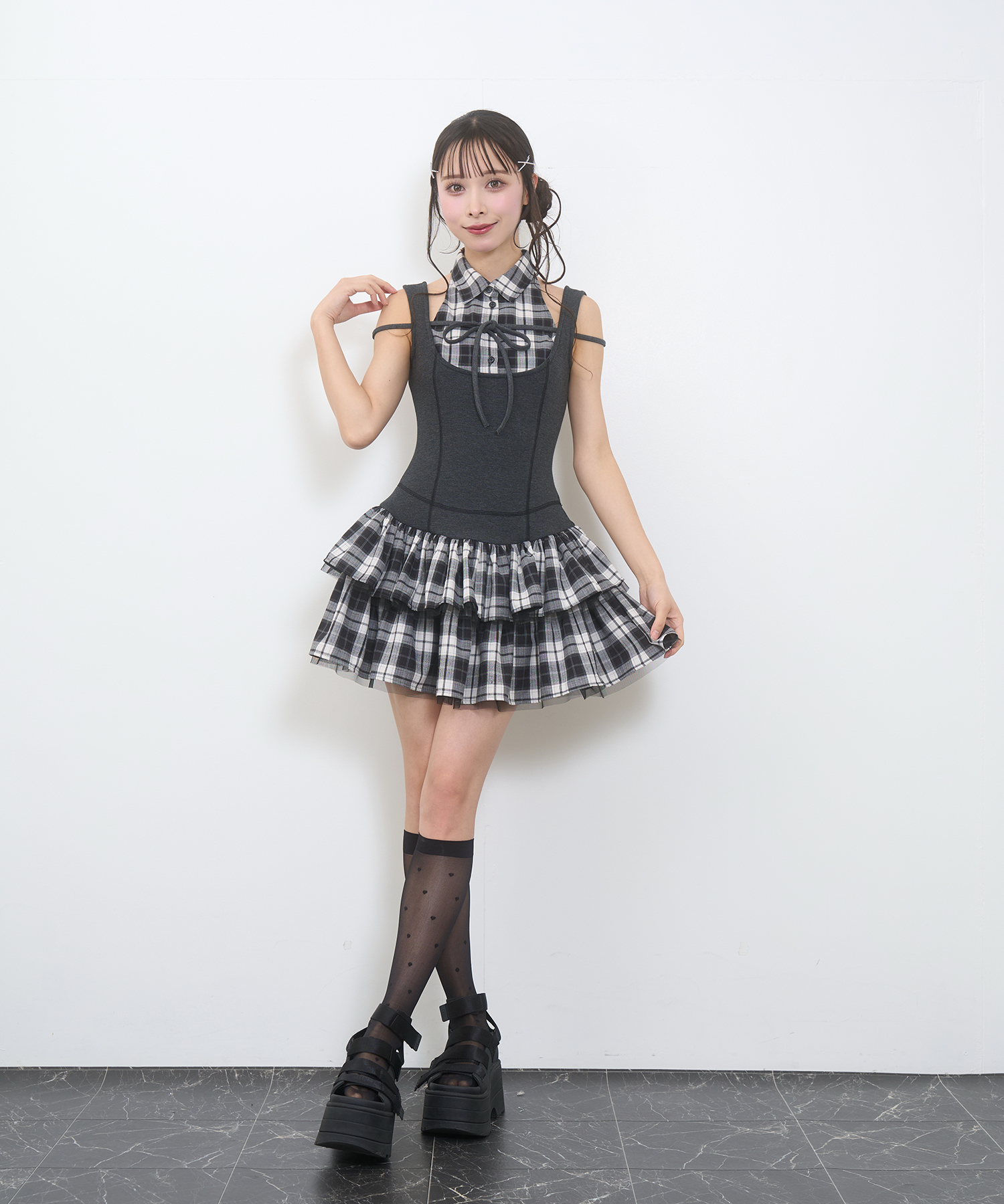 ドッキングチェックワンピース / チャコール