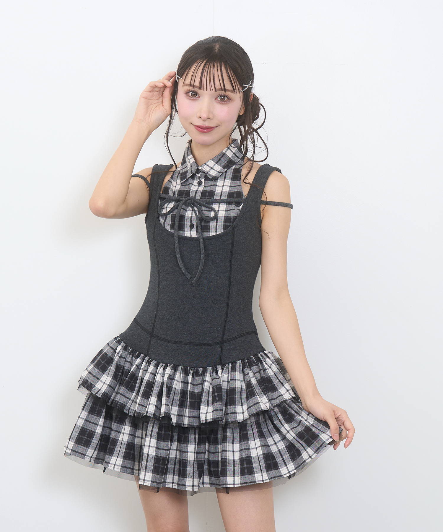 ドッキングチェックワンピース / チャコール
