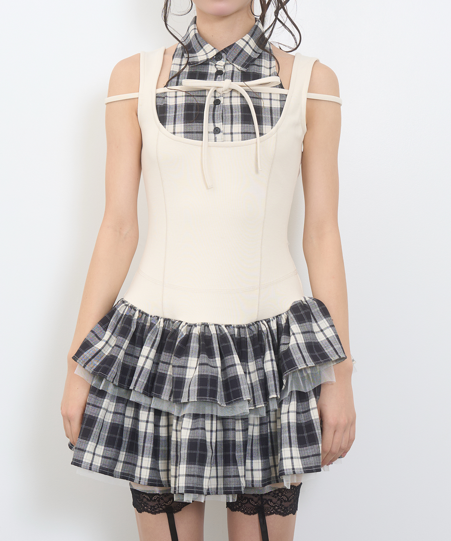 ドッキングチェックワンピース / アイボリー