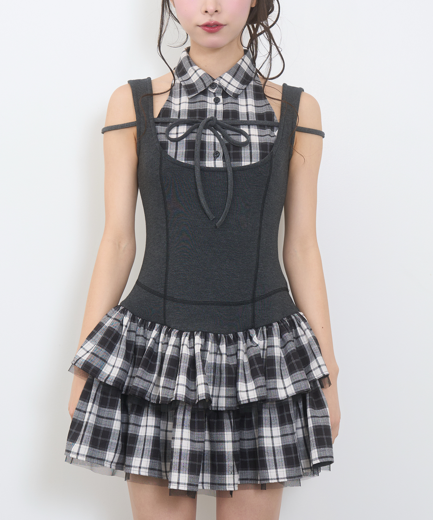 ドッキングチェックワンピース / チャコール