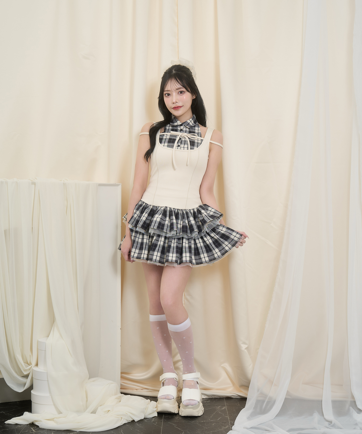 ドッキングチェックワンピース / アイボリー