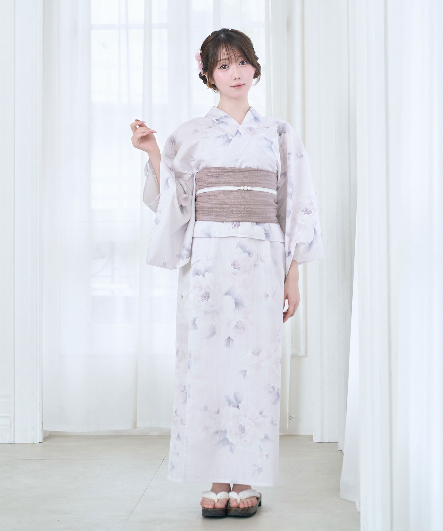 【Kazarihimo set】Pastel flower separate yukata set