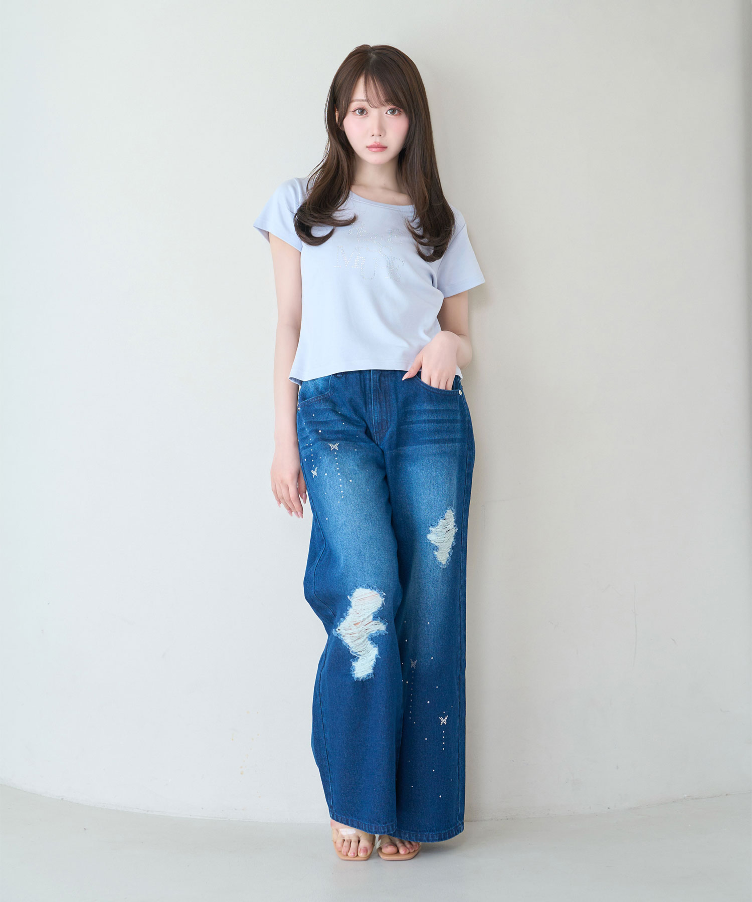 Rhine stone damaged denim pants