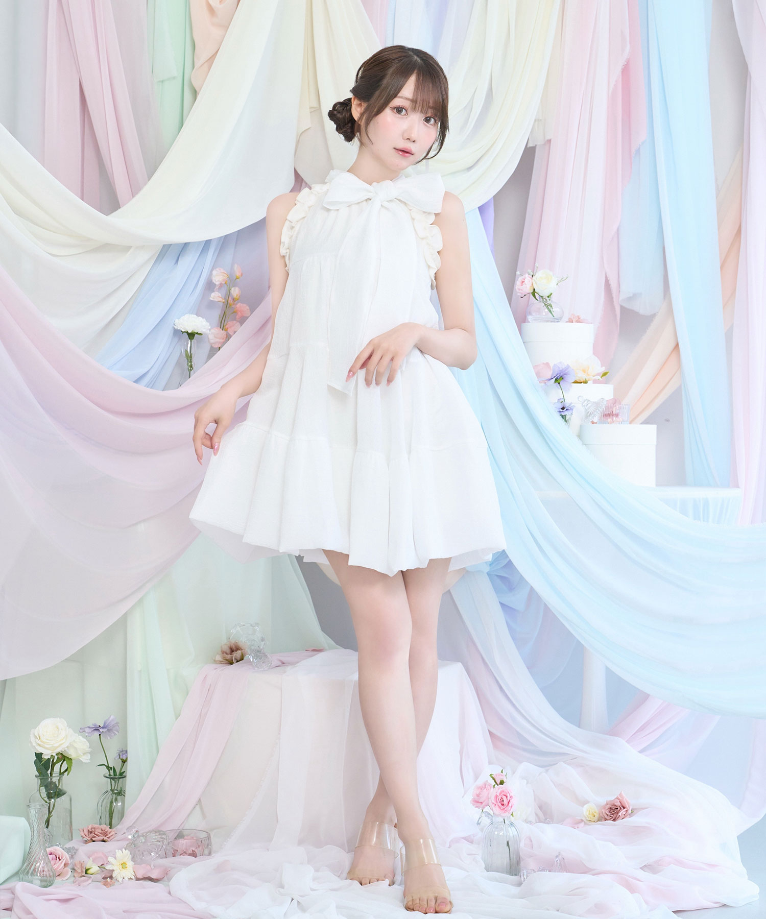 Sheer flare ribbon mini dress