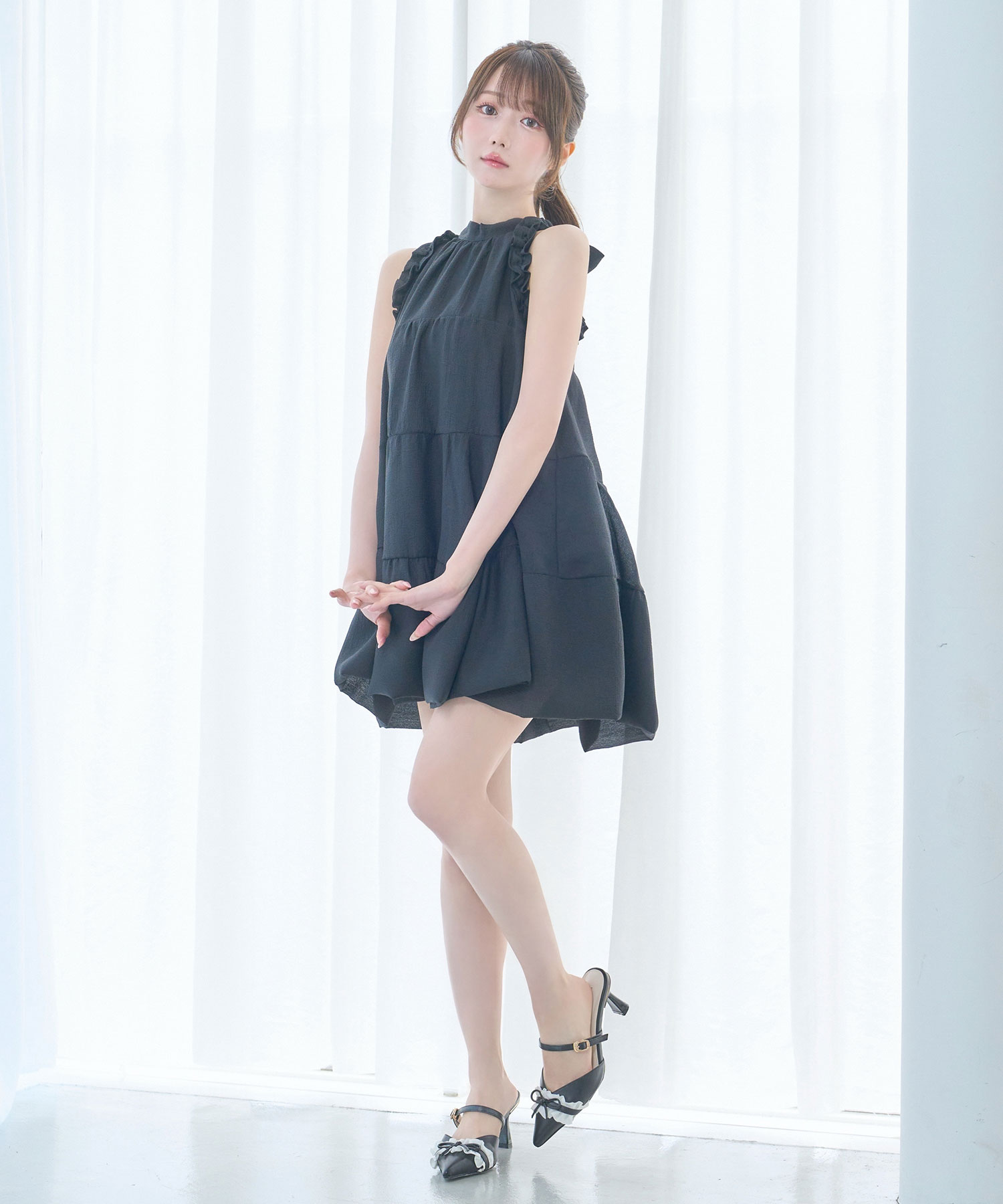Sheer flare ribbon mini dress