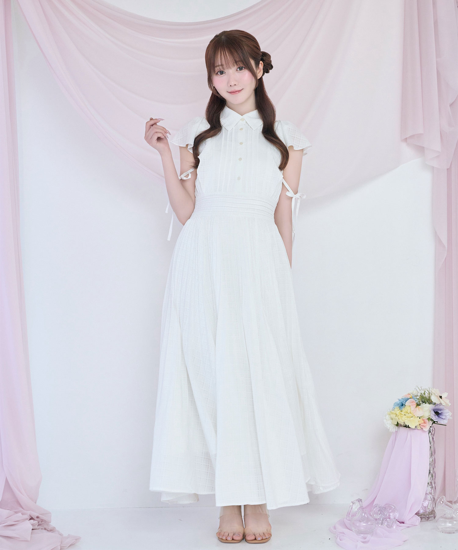Sheer check pleats dress