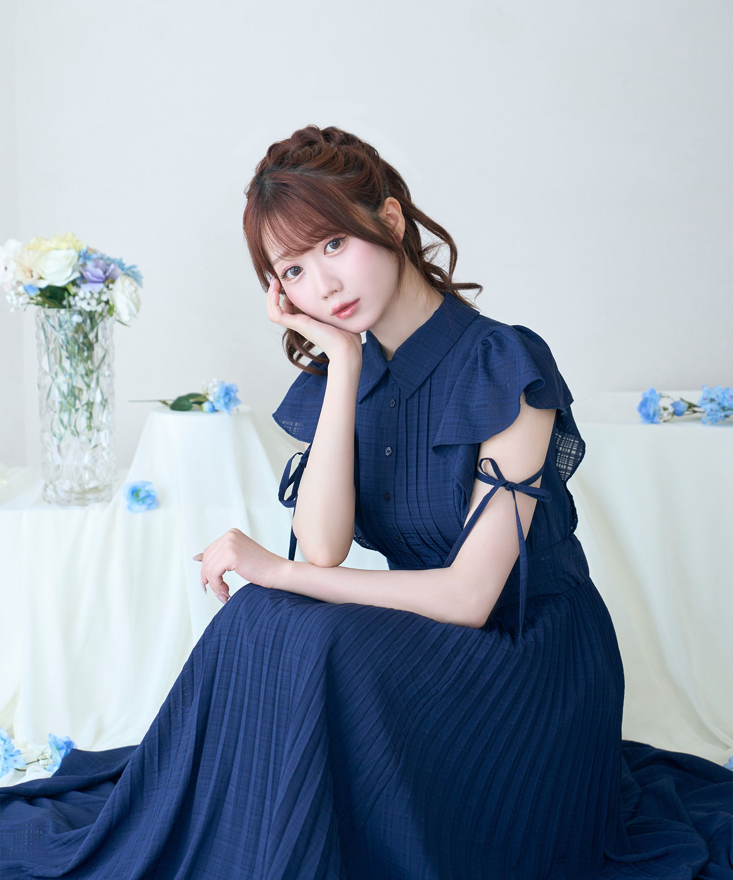 Sheer check pleats dress