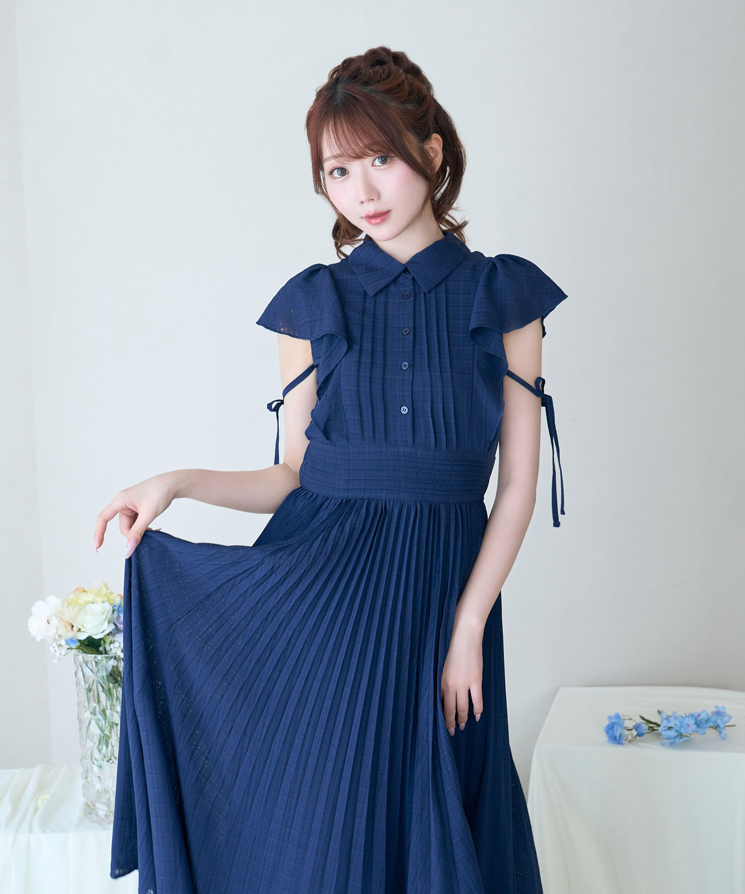 Sheer check pleats dress