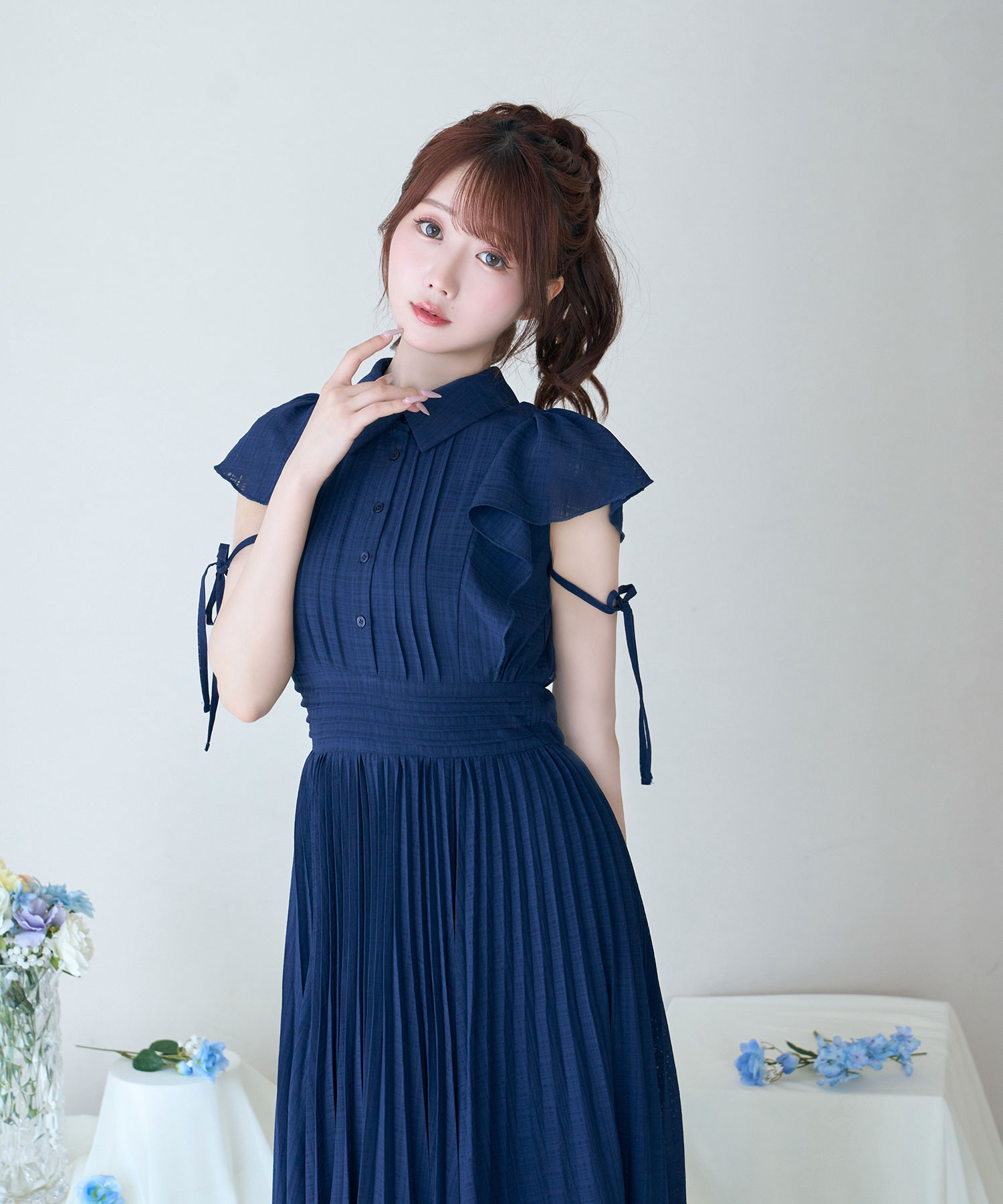 Sheer check pleats dress
