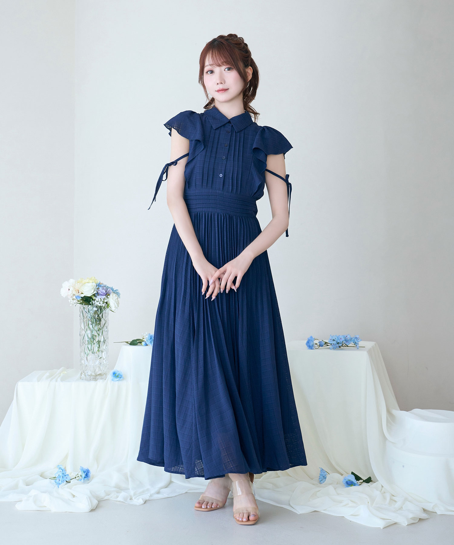 Sheer check pleats dress