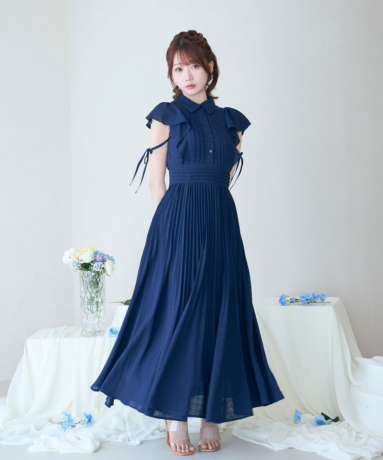 Sheer check pleats dress
