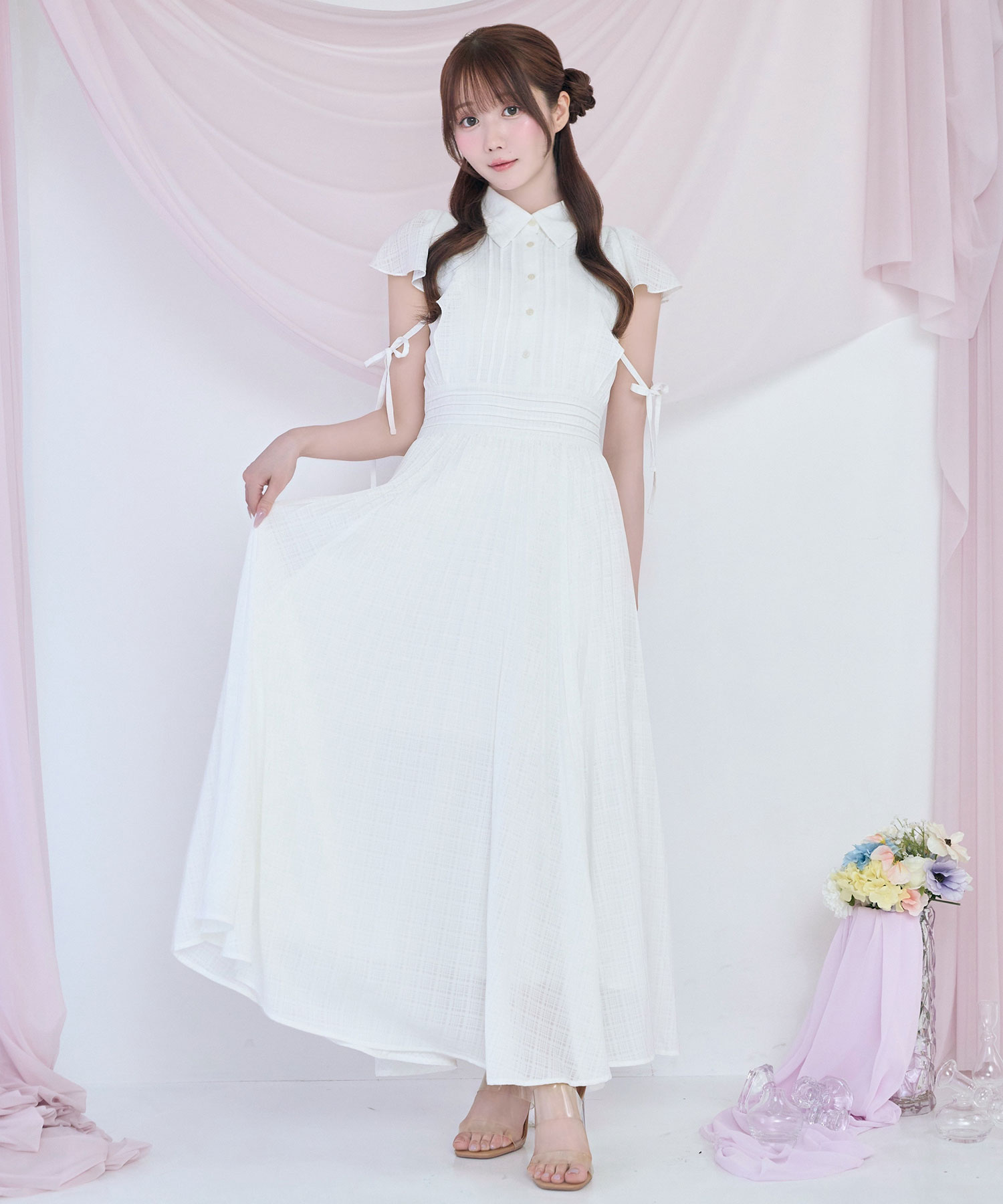 Sheer check pleats dress