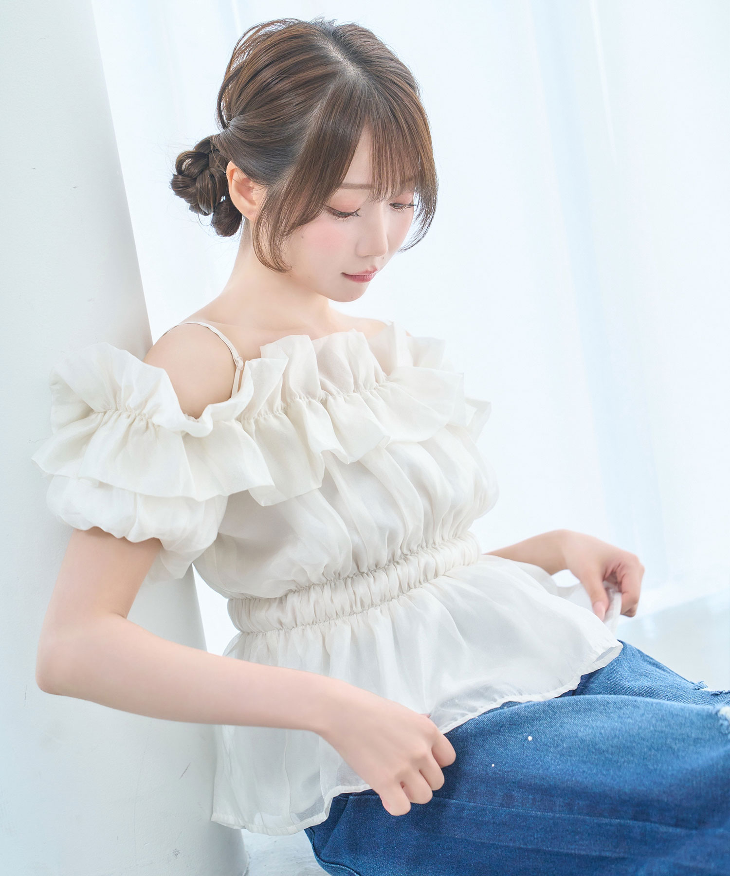 Sheer gather off shoulder tops