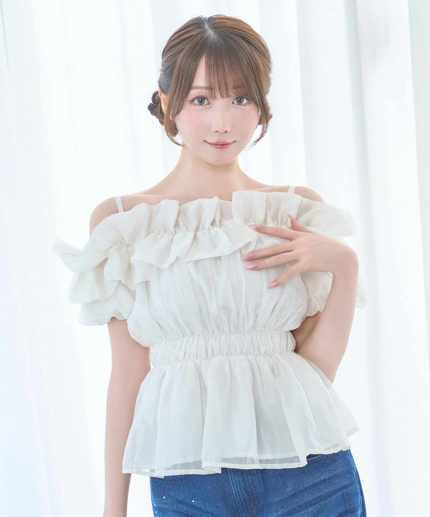Sheer gather off shoulder tops