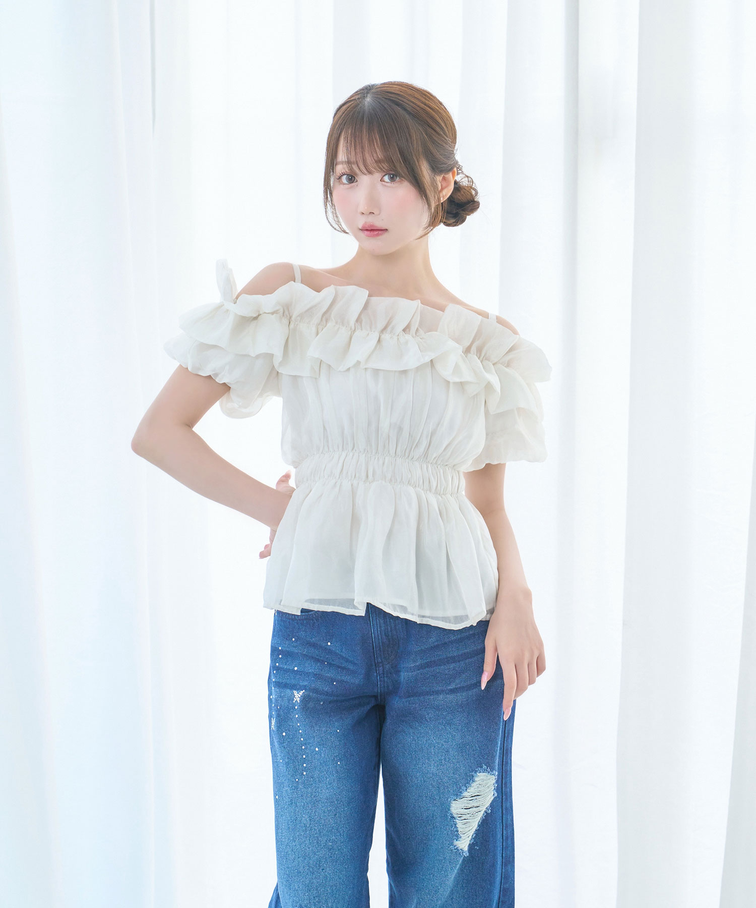 Sheer gather off shoulder tops