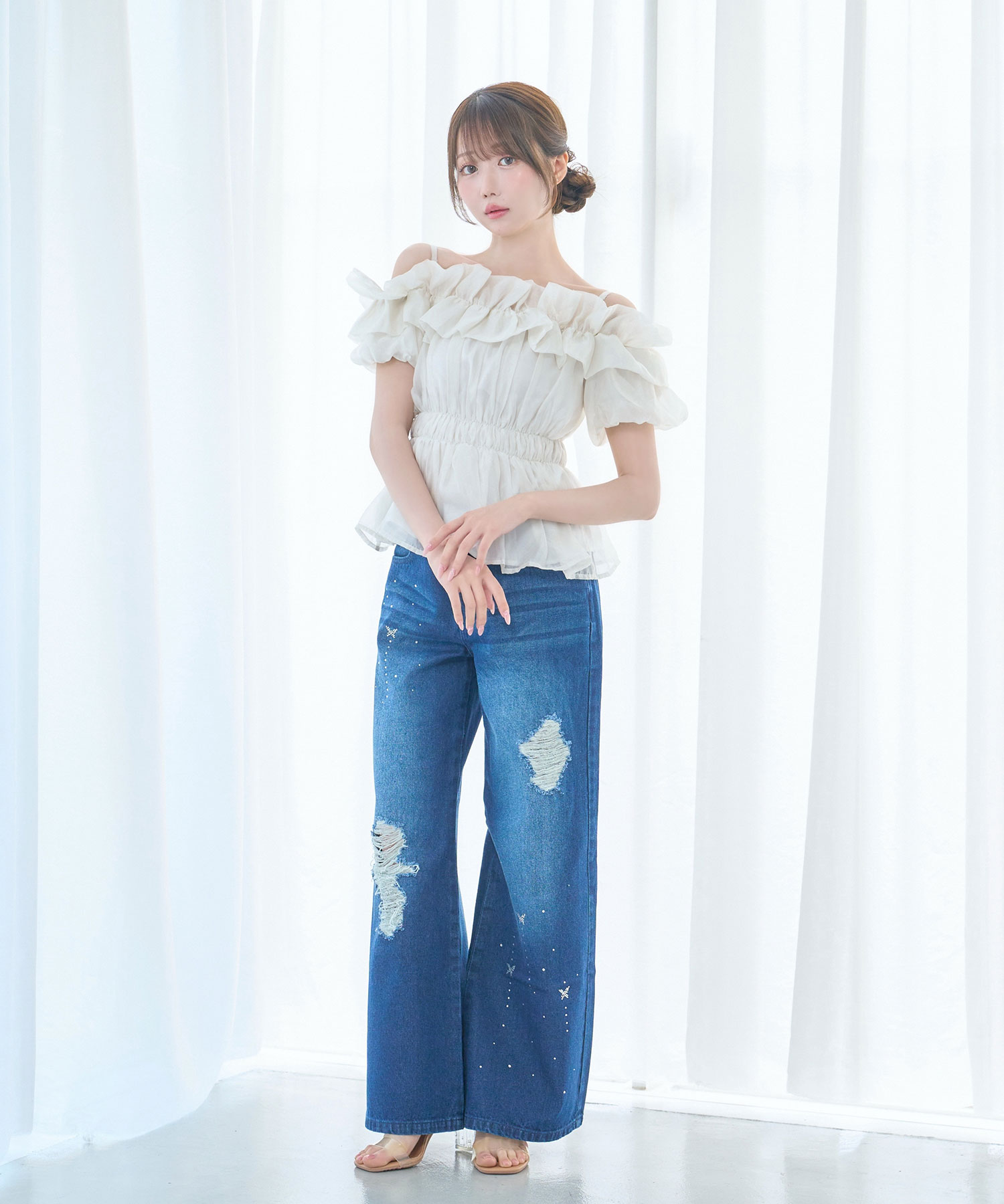 Sheer gather off shoulder tops