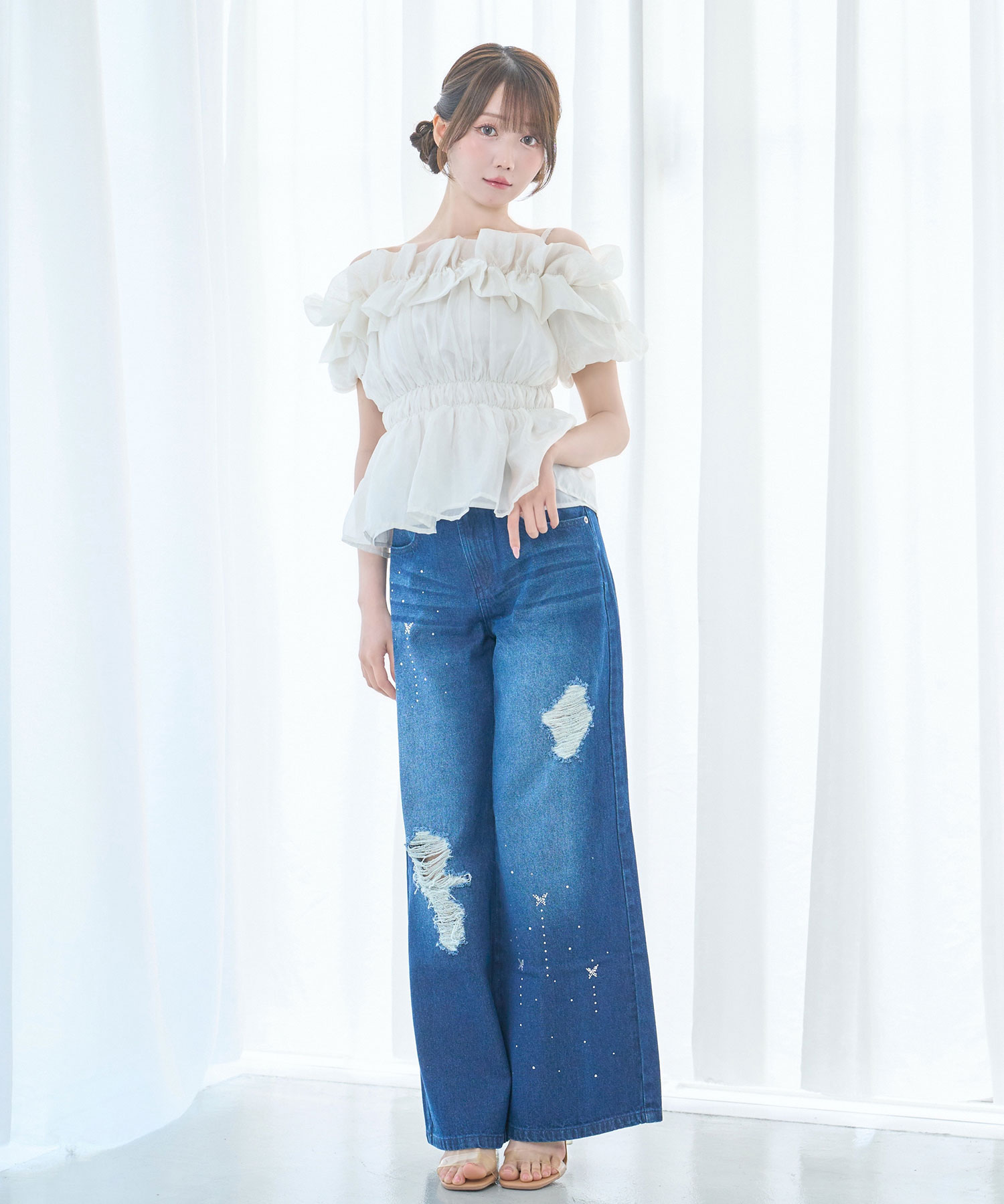 Sheer gather off shoulder tops