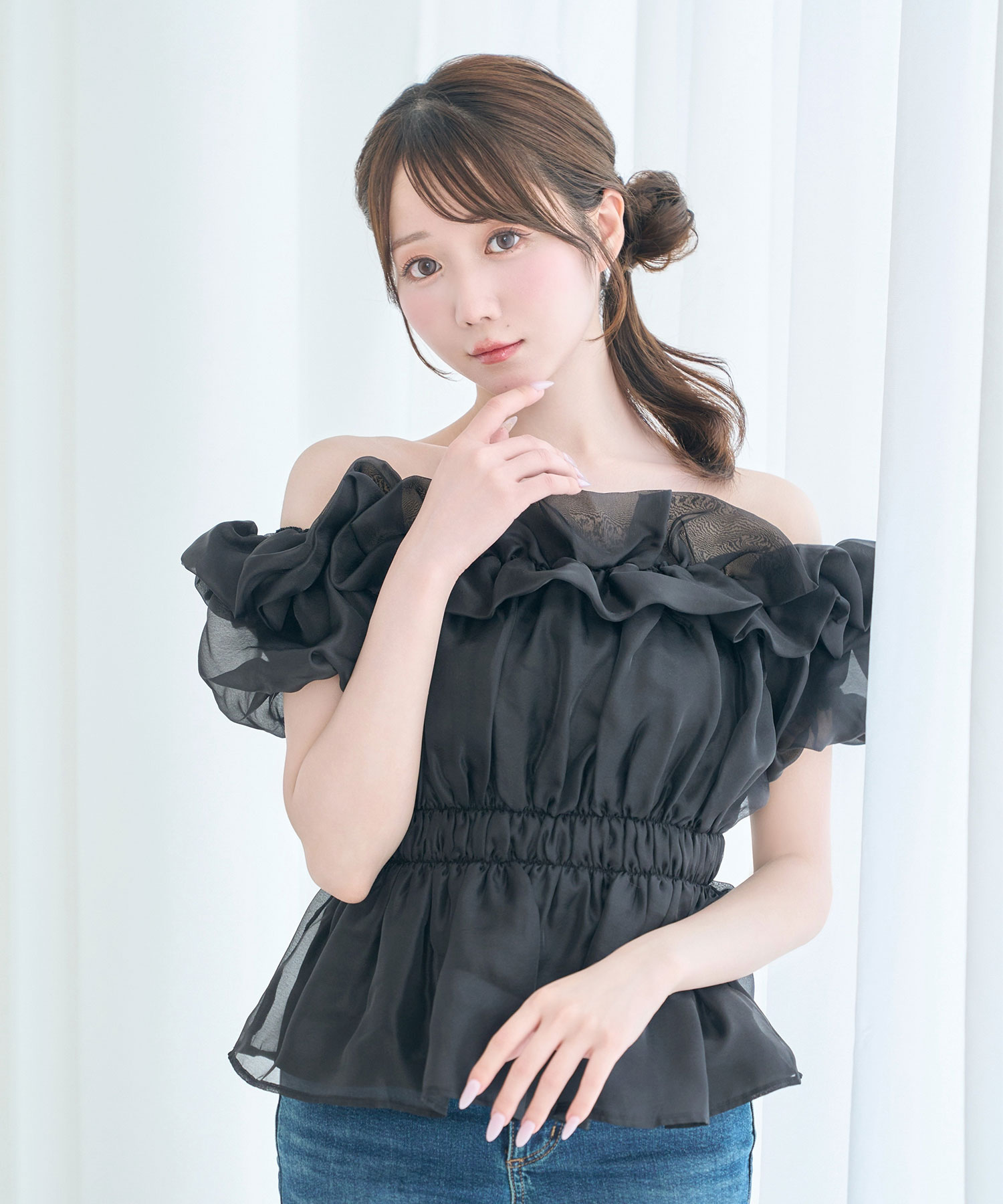 Sheer gather off shoulder tops