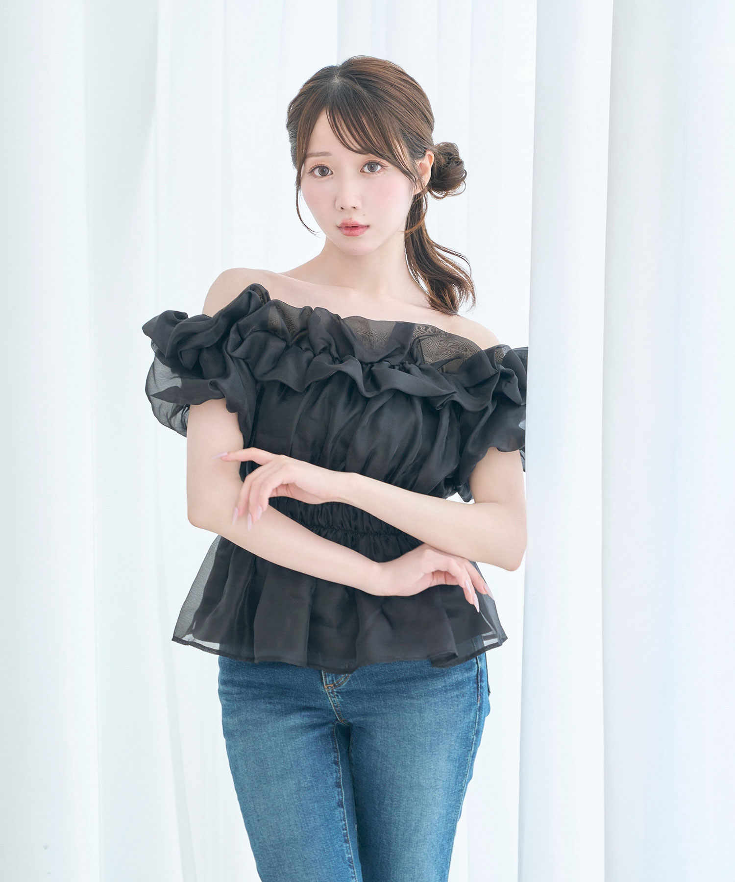 Sheer gather off shoulder tops